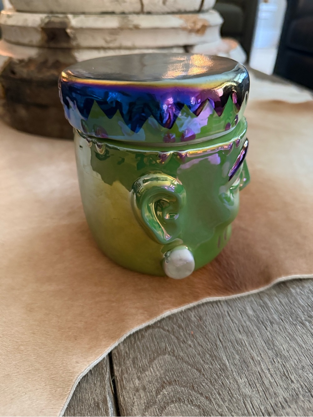 Brand NWT Martha Stewart Iridescent Green Frankenstein Face Candle Jar - Picture 5 of 13